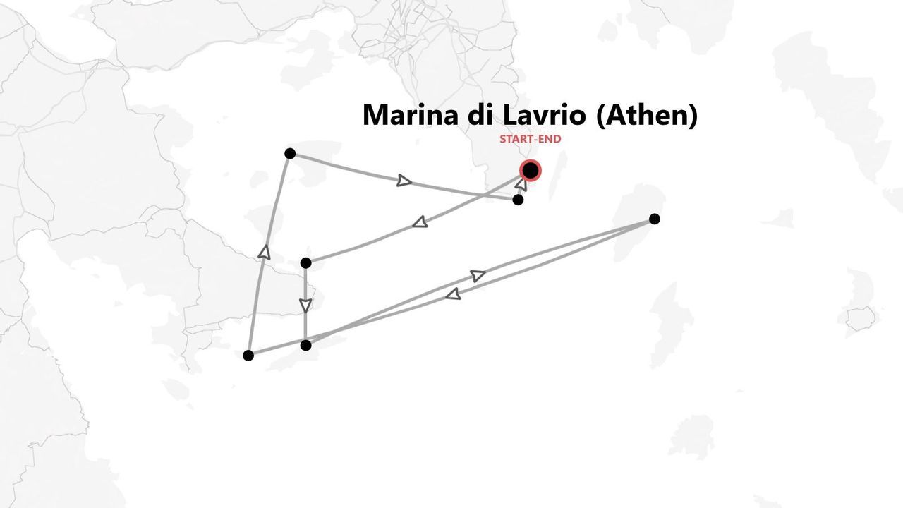 Eine Karte einer Rundreise, beginnend und endend in Marina di Lavrio, Athen, die mehrere Punkte in einer Schleife miteinander verbindet.