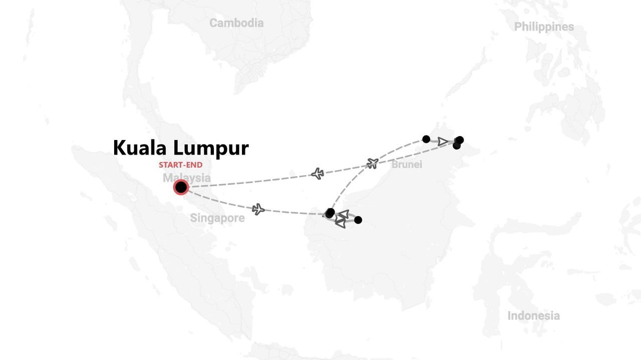 Mappa di un itinerario di viaggio in Malesia. Il percorso inizia e termina a Kuala Lumpur, con voli e soste sull'isola del Borneo.