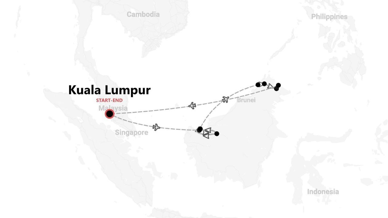 Itinerario de viaje con inicio y fin en Kuala Lumpur, Malasia, y vuelos a la isla de Borneo.