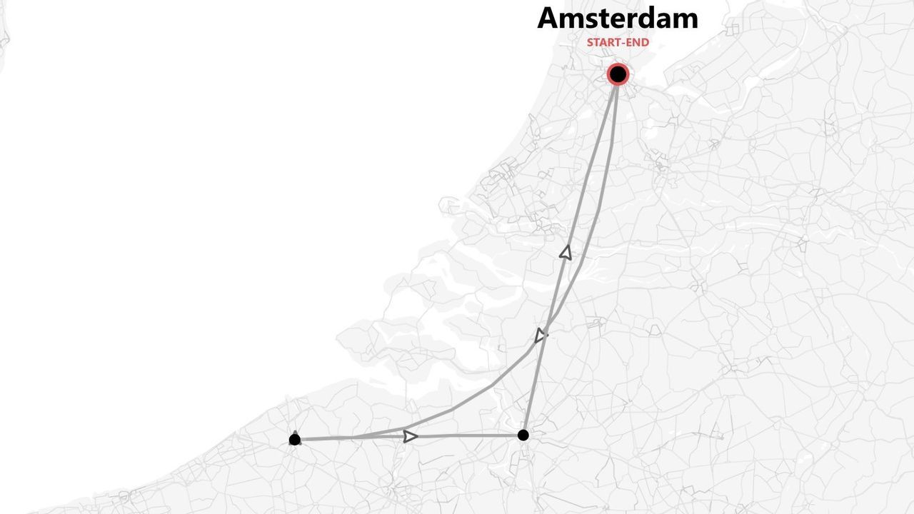 Une carte stylisée montrant un itinéraire de voyage qui commence et se termine à Amsterdam, avec le parcours marqué par une ligne grise en boucle et des flèches.
