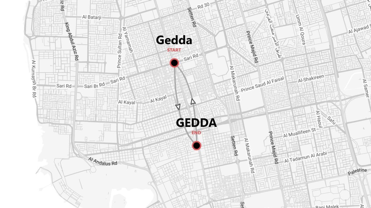 Une carte en niveaux de gris montrant un itinéraire de voyage avec des points de départ et d'arrivée à Gedda.