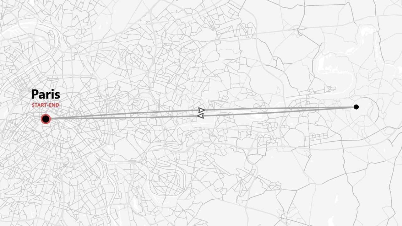 Une carte simplifiée montrant un itinéraire de voyage aller-retour avec Paris comme point de départ et d'arrivée.