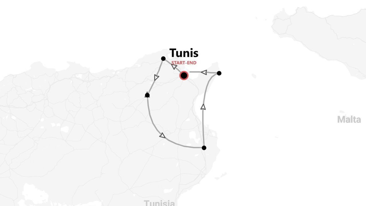 Une carte d'un itinéraire de voyage circulaire dans le nord de la Tunisie, avec départ et arrivée à Tunis.