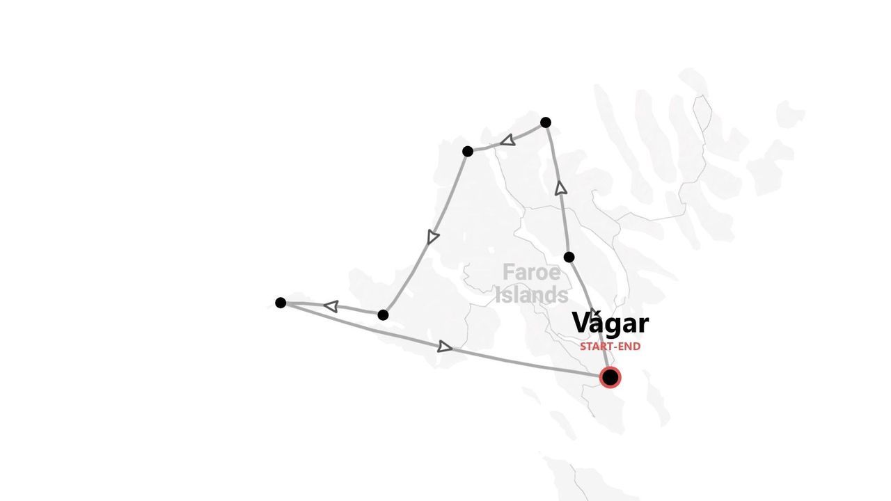 Une carte stylisée d'un itinéraire de voyage à travers les îles Féroé, avec le point de départ et d'arrivée marqué à Vágar.