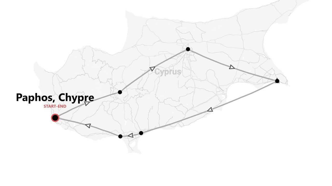 Une carte de Chypre montrant un itinéraire de voyage qui commence et se termine à Paphos.