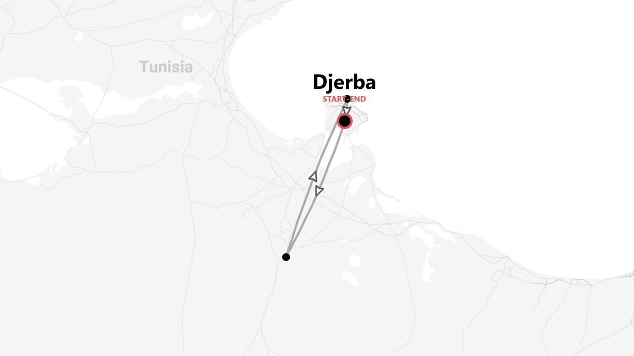Une carte d'un itinéraire de voyage en Tunisie, montrant un parcours qui commence et se termine sur l'île de Djerba.