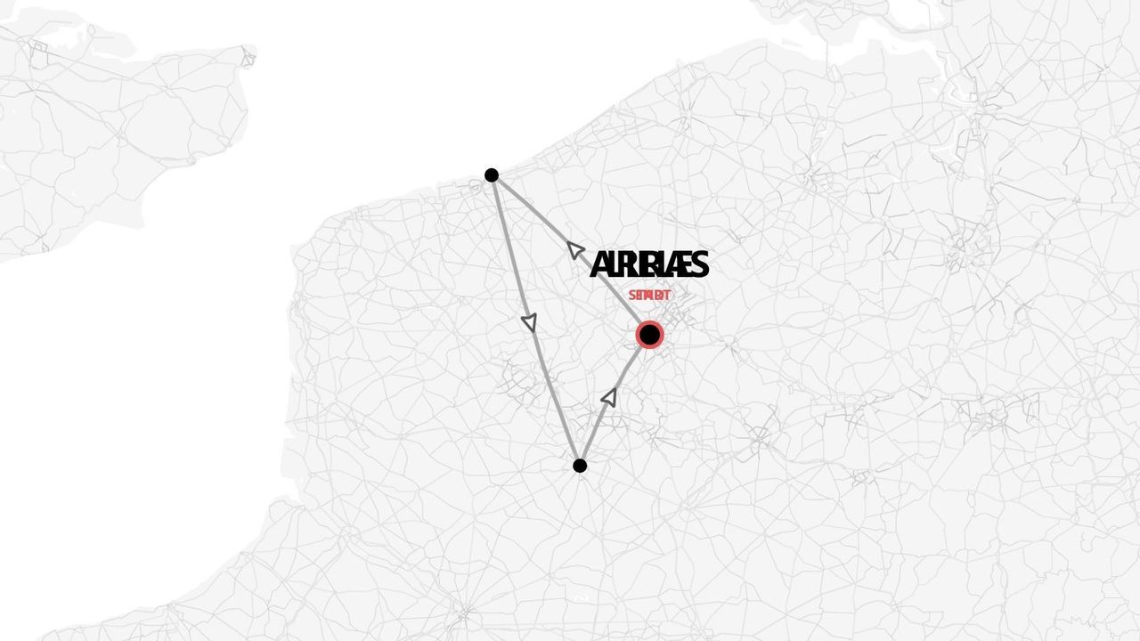 Une carte stylisée du nord de la France représentant un itinéraire de voyage triangulaire, avec les points de départ et d'arrivée étiquetés 'ARRIVÉE' et 'DÉPART'.