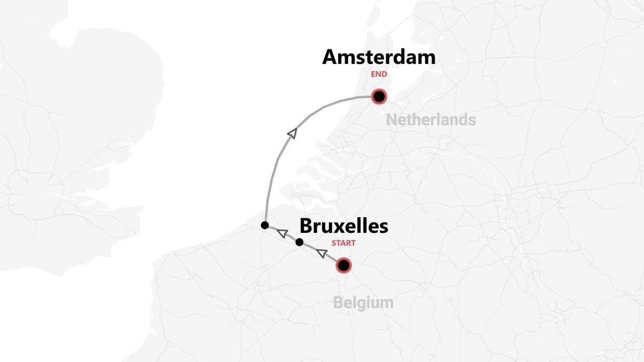 Carte d'un itinéraire de voyage de Bruxelles (Belgique) à Amsterdam (Pays-Bas).
