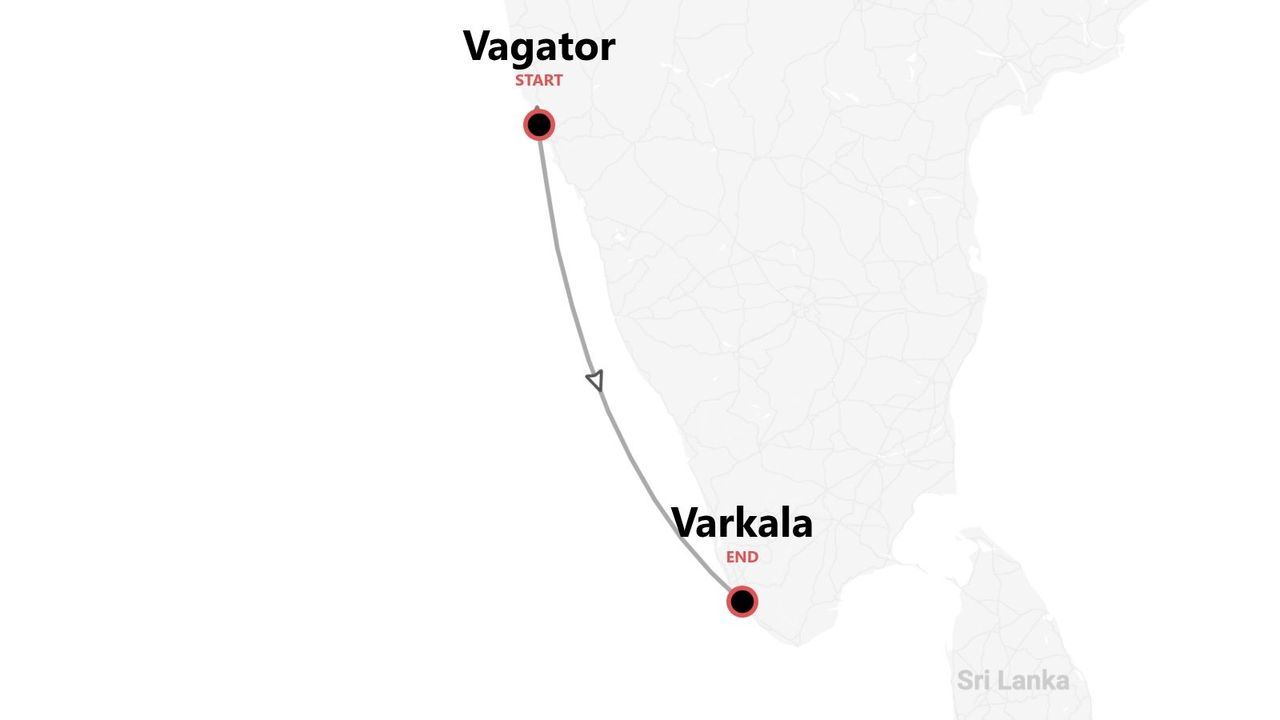 Carte d'un itinéraire de voyage le long de la côte indienne, de Vagator à Varkala.