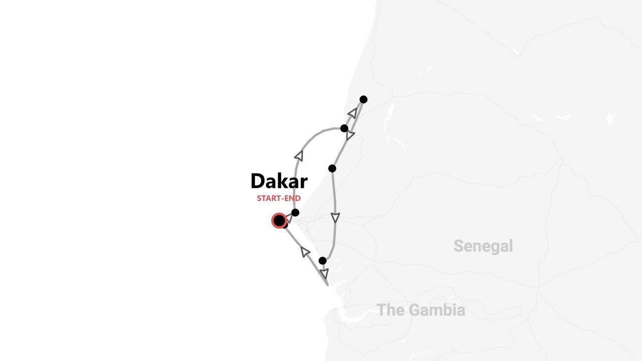 Carte d'un itinéraire de voyage au Sénégal, avec départ et arrivée à Dakar.
