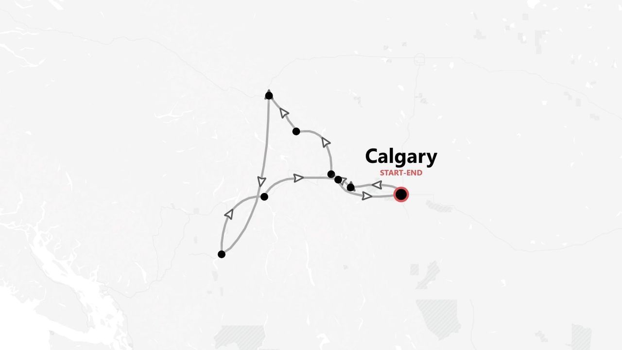 Une carte stylisée montrant un itinéraire de voyage avec plusieurs arrêts, commençant et se terminant à Calgary.