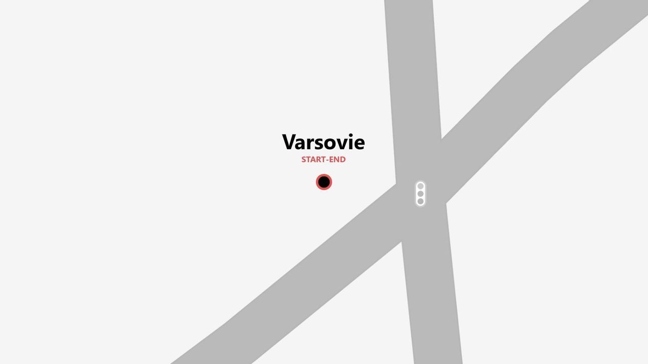 Une carte minimaliste indiquant le point de départ et d'arrivée d'un voyage à Varsovie, avec des lignes grises représentant les routes.