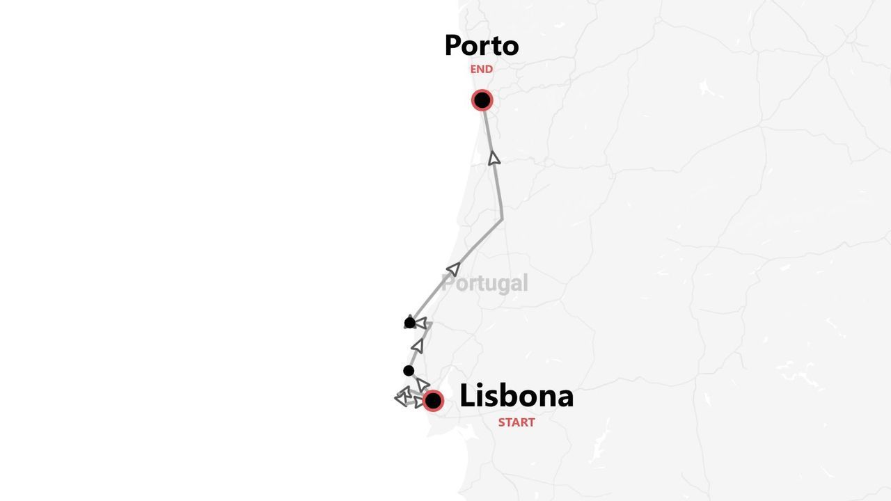 Mappa del Portogallo che mostra un itinerario di viaggio che inizia a Lisbona e termina a Porto.