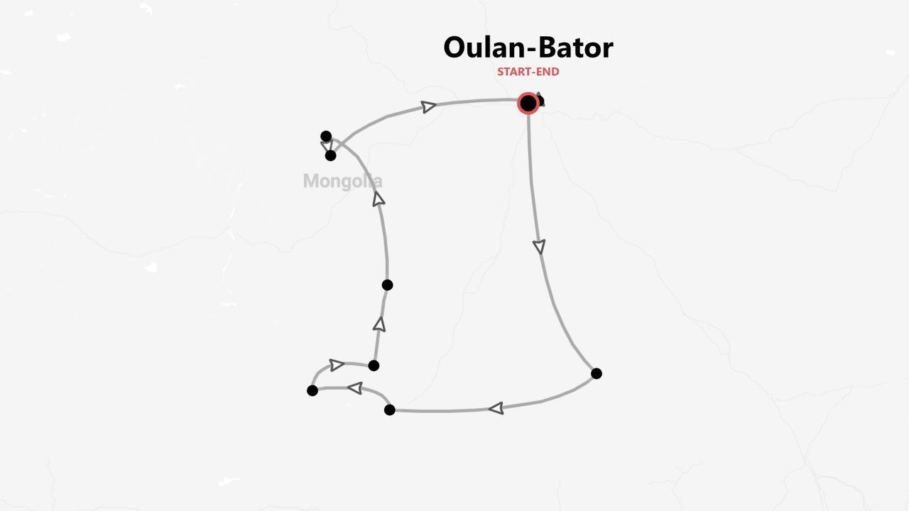 Une carte illustrant un itinéraire de circuit en Mongolie. Le parcours est une boucle partant et revenant à Oulan-Bator, avec de multiples étapes.