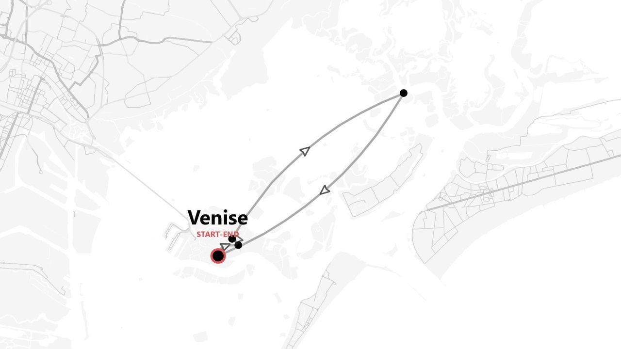 Une carte minimaliste présentant un itinéraire de voyage qui commence et se termine à Venise, formant une boucle.