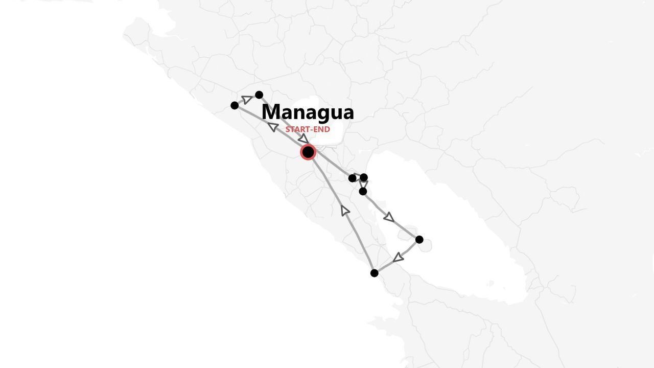 Carte d'un itinéraire de voyage au Nicaragua, débutant et se terminant à Managua.