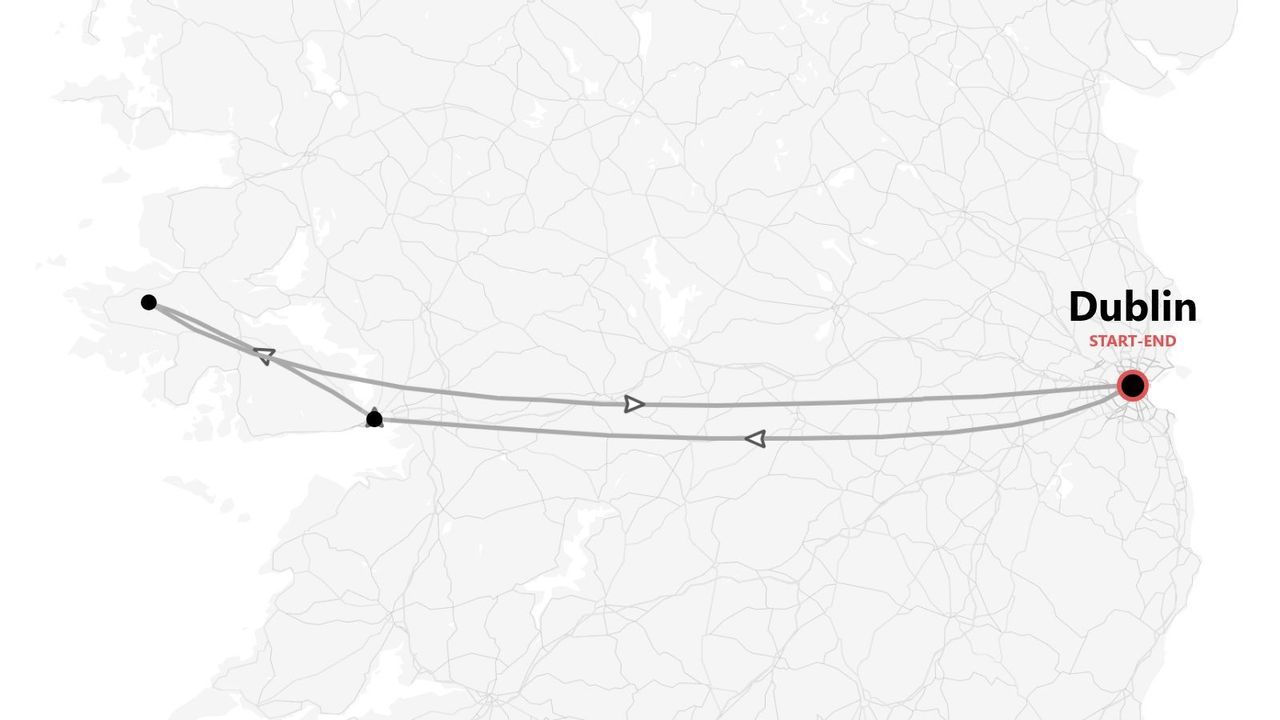 Carte d'Irlande: itinéraire de voyage en boucle, départ et arrivée à Dublin.