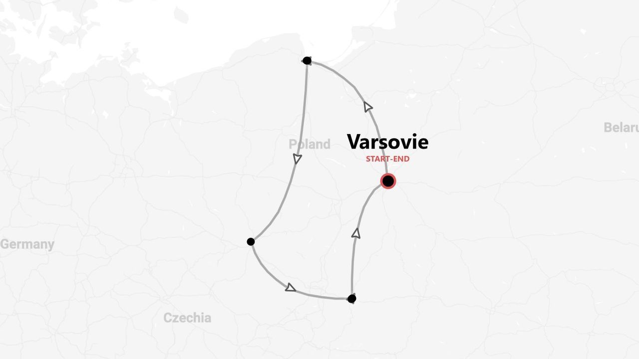 Carte d'un itinéraire de voyage circulaire en Pologne, au départ et à l'arrivée de Varsovie.