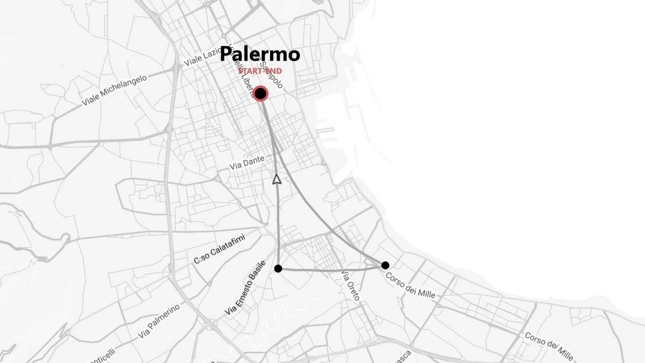 Mappa stradale in scala di grigi di Palermo, Italia, con un percorso tracciato e punti di inizio e fine designati.