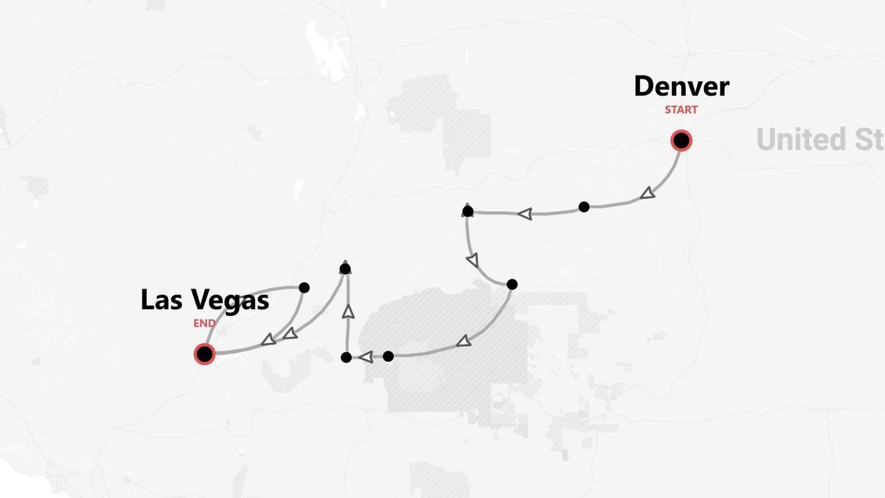 Mappa dell'itinerario di viaggio da Denver a Las Vegas