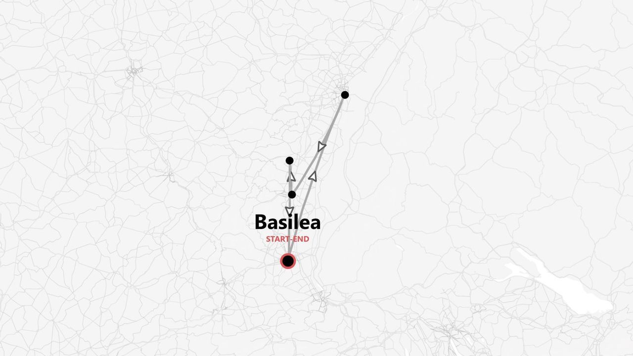 Mappa minimalista che illustra un itinerario di viaggio con più tappe, con inizio e fine a Basilea.