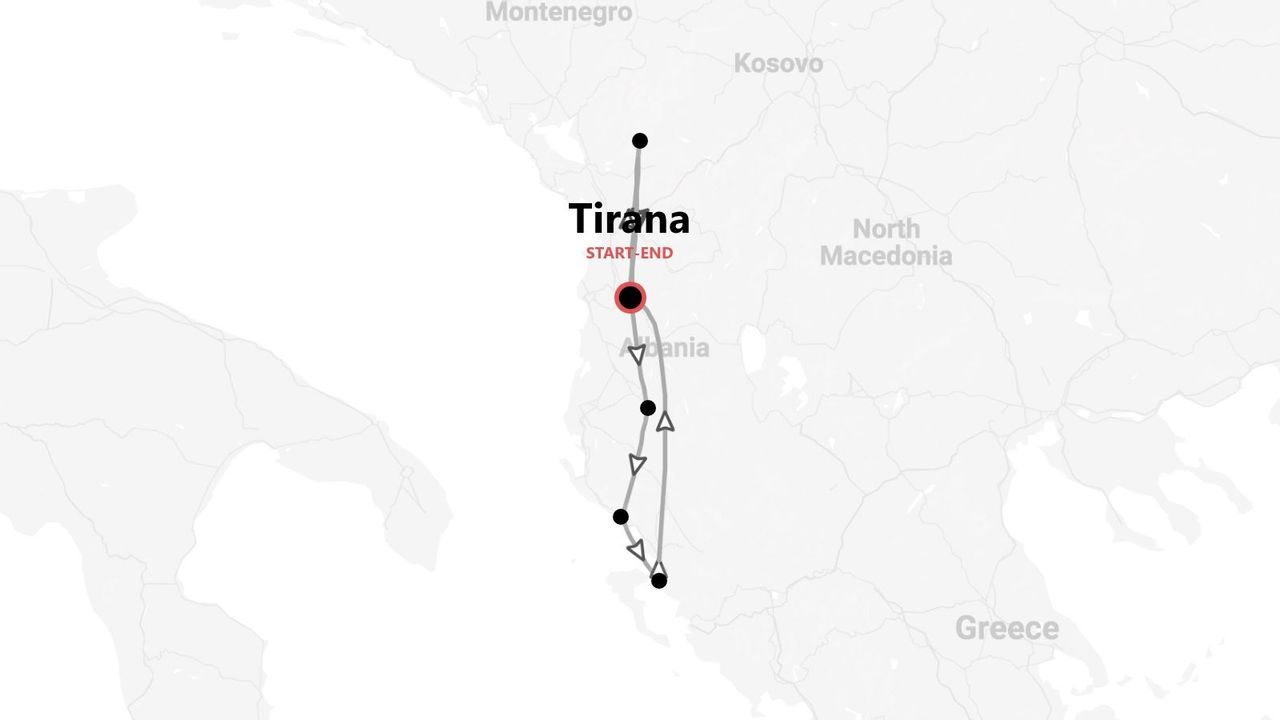 A map showing a travel itinerary through Albania, with the start and end point marked as Tirana.