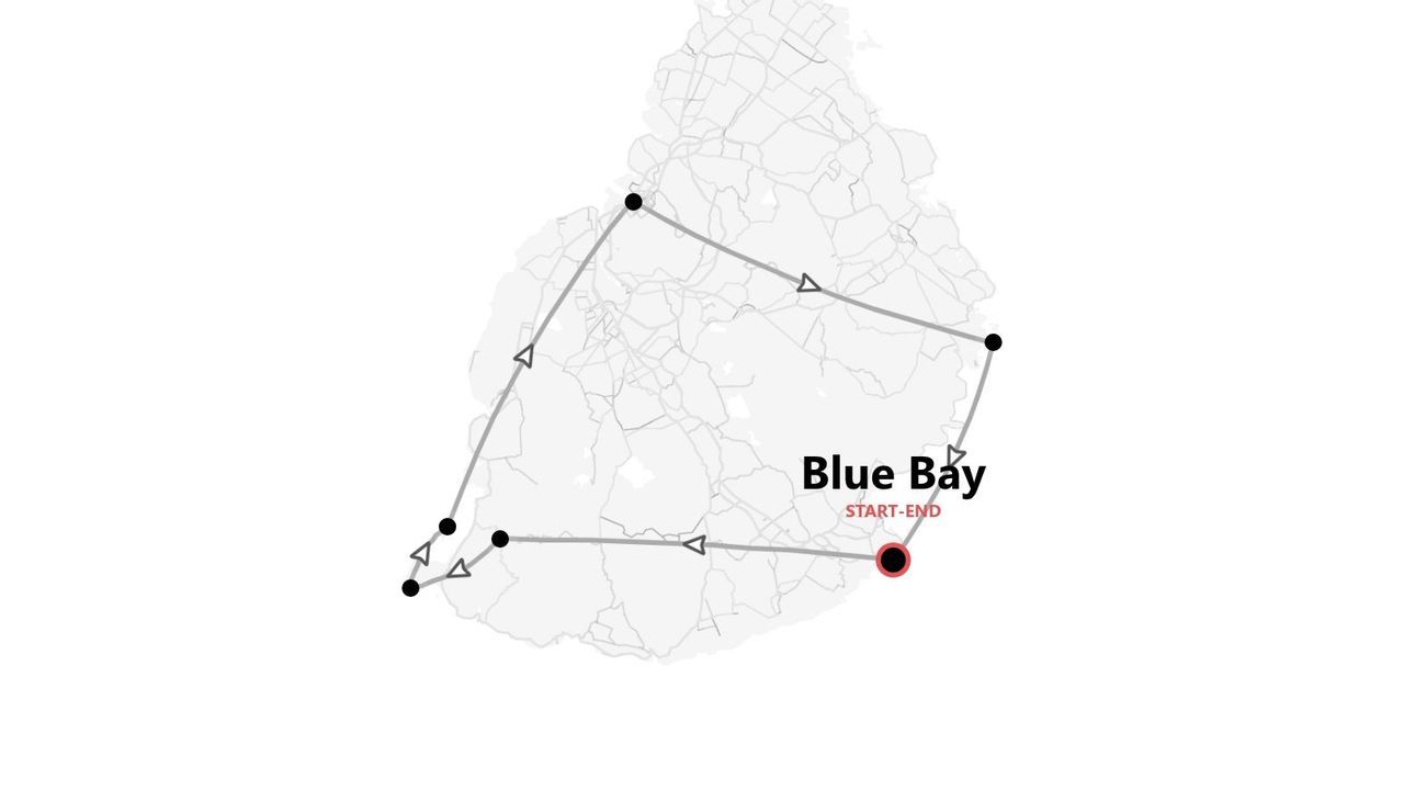 Una mappa che mostra un itinerario di viaggio circolare con diverse tappe, con partenza e arrivo a Blue Bay.