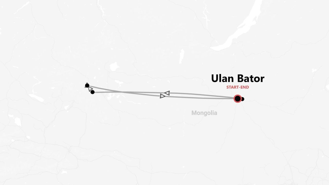 Mappa di un itinerario di viaggio in Mongolia, con partenza e arrivo nella capitale, Ulan Bator.