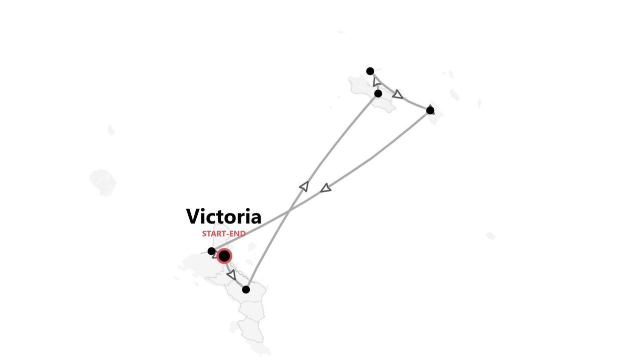 Eine Karte mit einer Reiseroute über mehrere Inseln, Start- und Endpunkt Victoria.