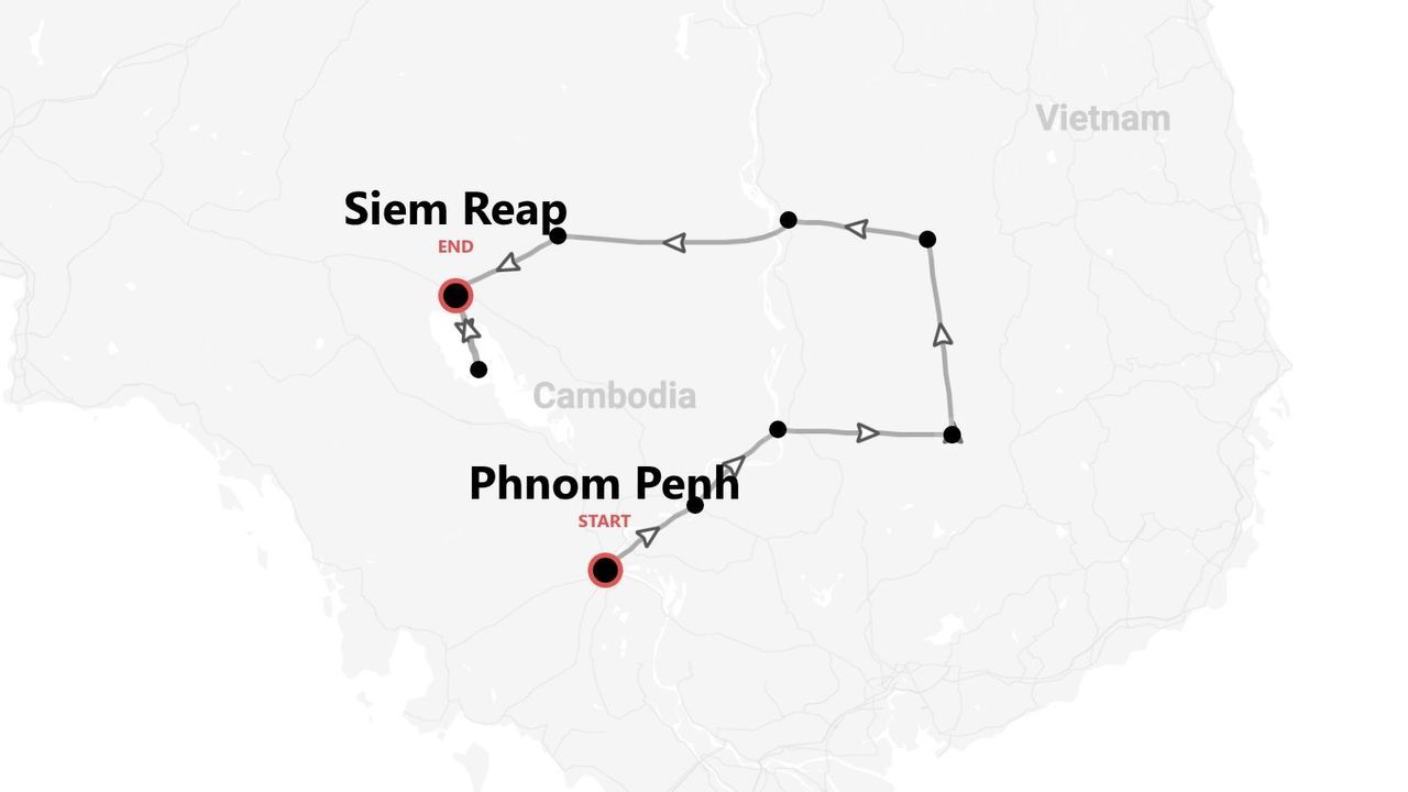 Una mappa che illustra un itinerario turistico attraverso la Cambogia, con partenza da Phnom Penh e arrivo a Siem Reap.