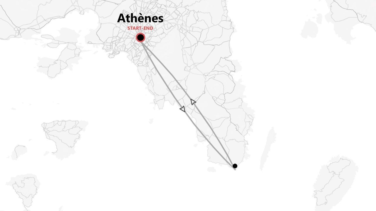 Carte d'un itinéraire de voyage aller-retour en Grèce, au départ et à l'arrivée d'Athènes.