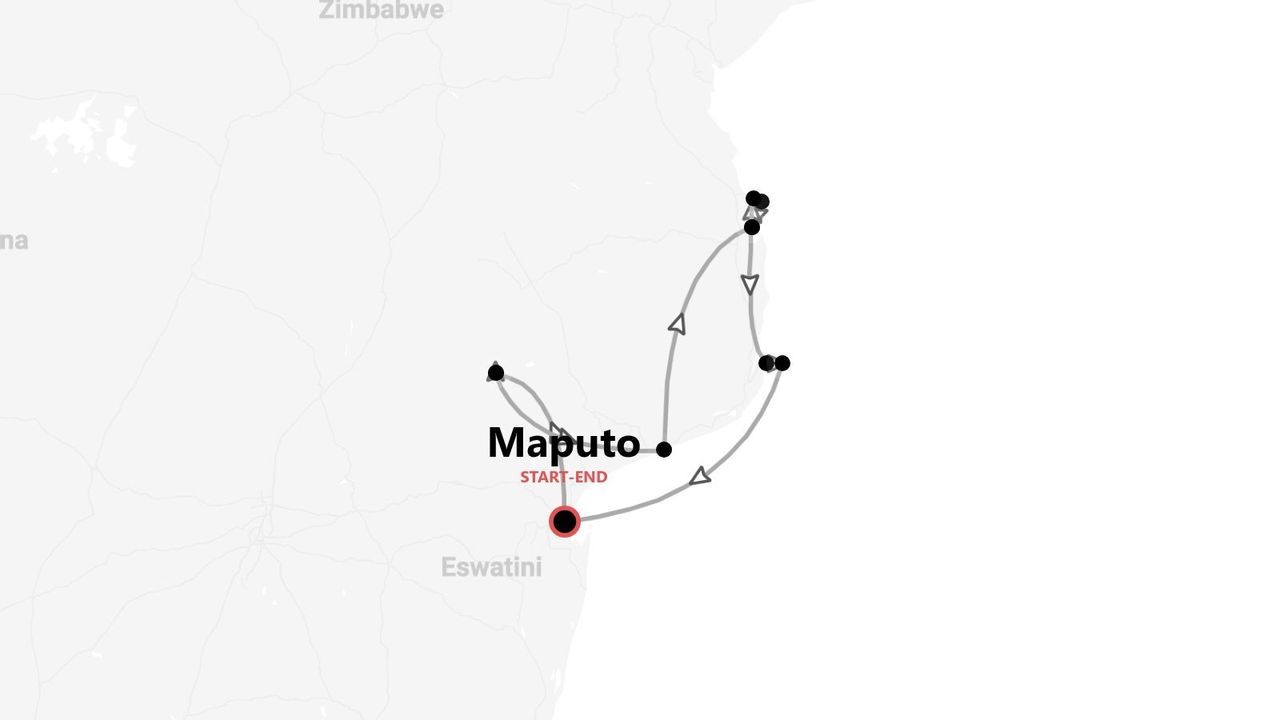Eine Karte einer Reiseroute im südlichen Afrika, wobei die Route in Maputo beginnt und endet, nahe Eswatini und Simbabwe.