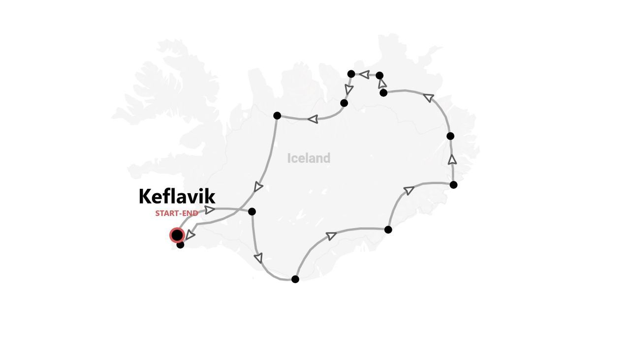 Eine Karte von Island mit einer Reiseroute, die die Insel umrundet und in Keflavik beginnt und endet.