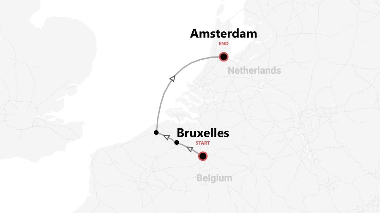 Carte de l'itinéraire de Bruxelles à Amsterdam, avec les points de départ et d'arrivée.