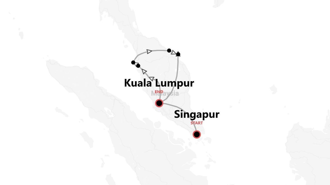 Un mapa que muestra un itinerario de viaje con inicio en Singapur y final en Kuala Lumpur, Malasia.