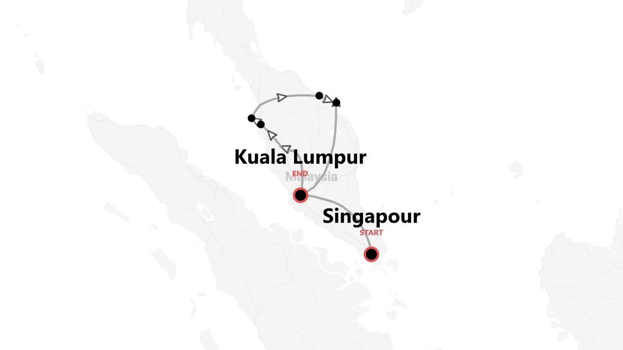 Une carte montrant un itinéraire de voyage qui commence à Singapour et se termine à Kuala Lumpur, avec un parcours traversant la Malaisie.