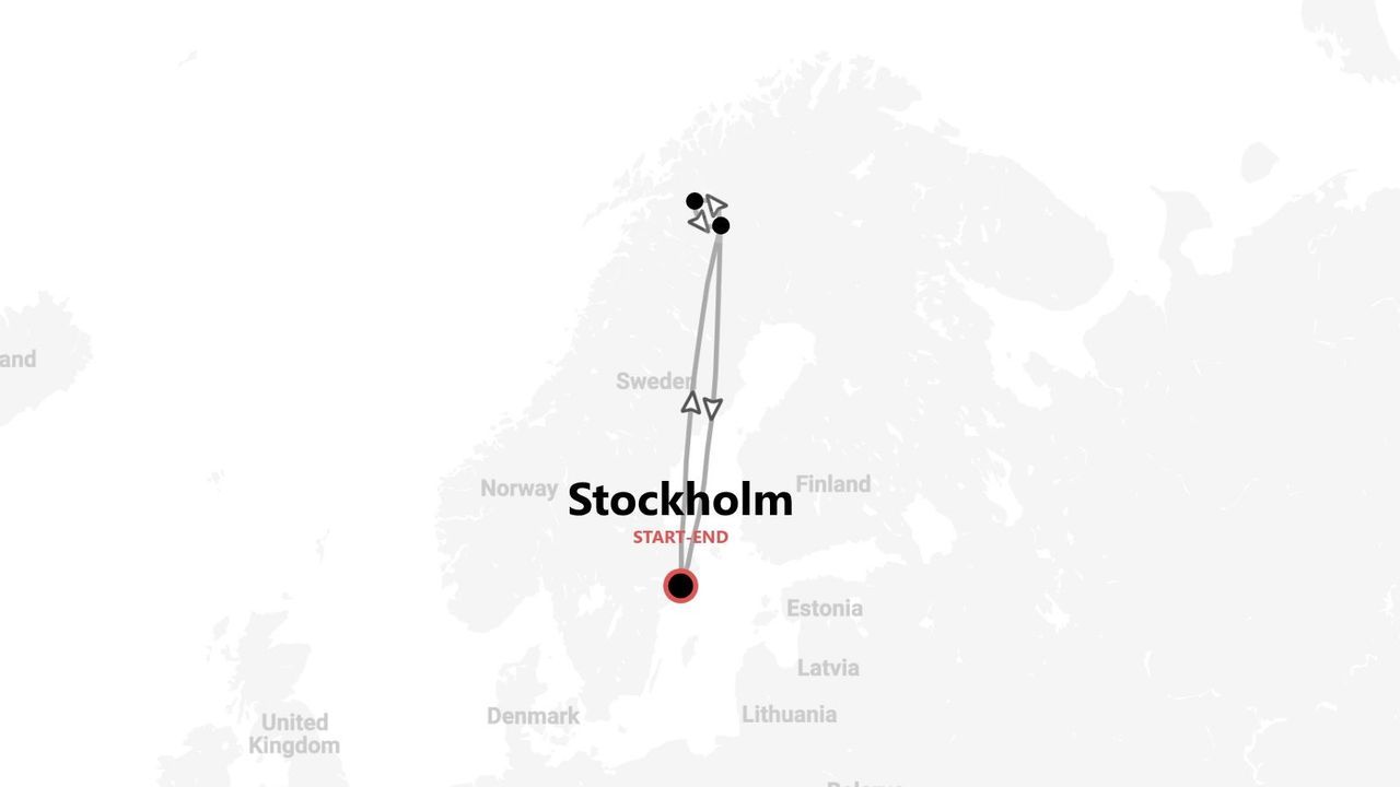 Eine Karte mit einer Reiseroute, die in Stockholm beginnt und endet und nordwärts durch Schweden führt.