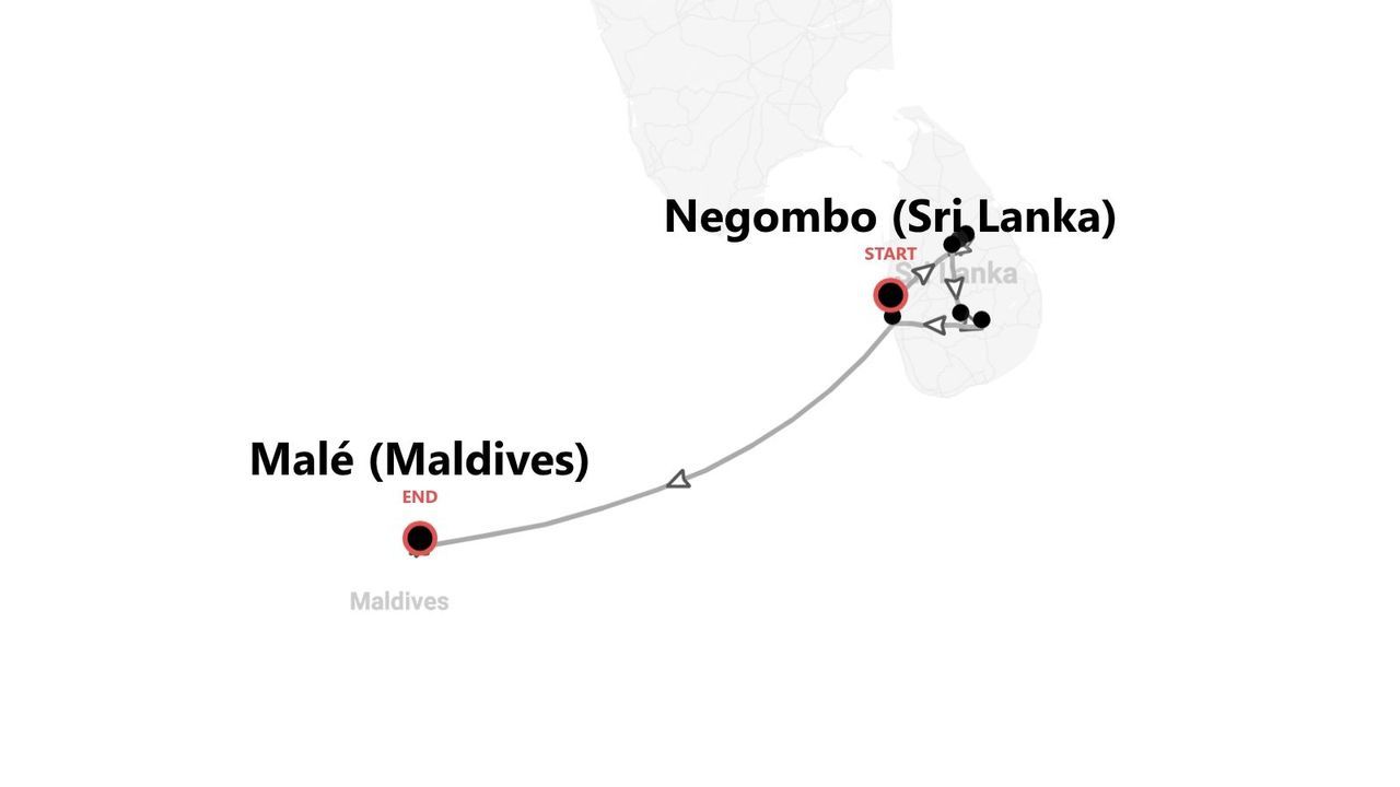 Une carte présentant un itinéraire de voyage de Negombo, Sri Lanka, à Malé, Maldives, avec plusieurs escales.