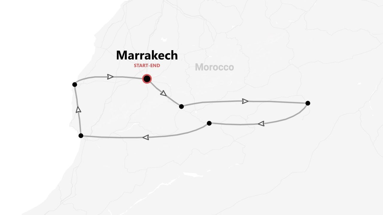 Carte d'un circuit au Maroc, débutant et se terminant à Marrakech.