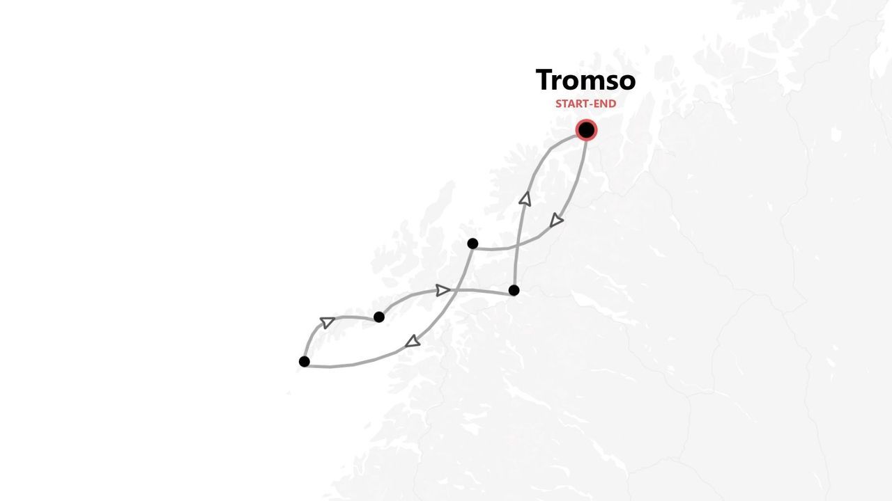 Mapa de itinerario de viaje por la costa, con inicio y fin en Tromso.