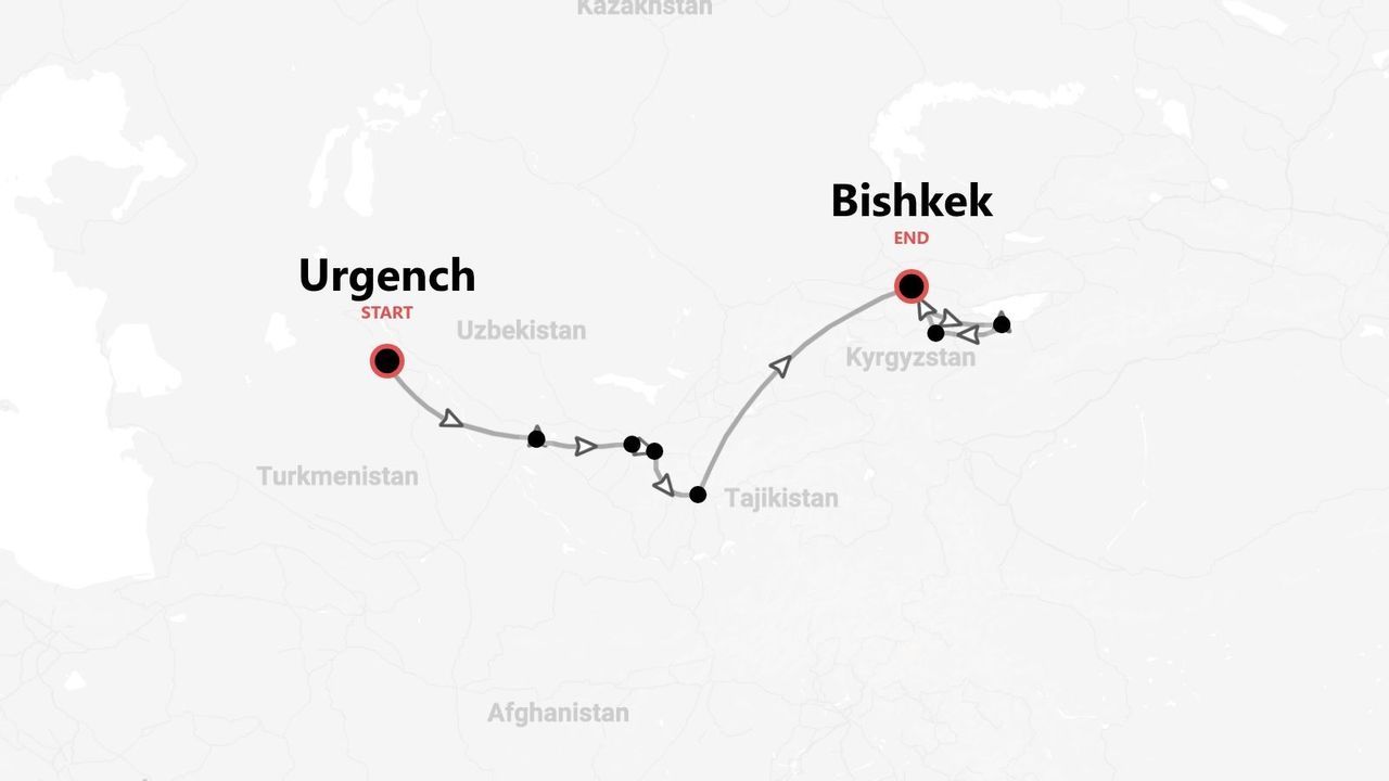 Mappa di viaggio: da Urgench, attraverso il Tagikistan, fino a Bishkek, Kirghizistan.
