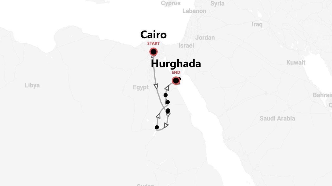 Una mappa dell'Egitto con un itinerario di viaggio che parte dal Cairo e arriva a Hurghada, con diverse tappe lungo il percorso.