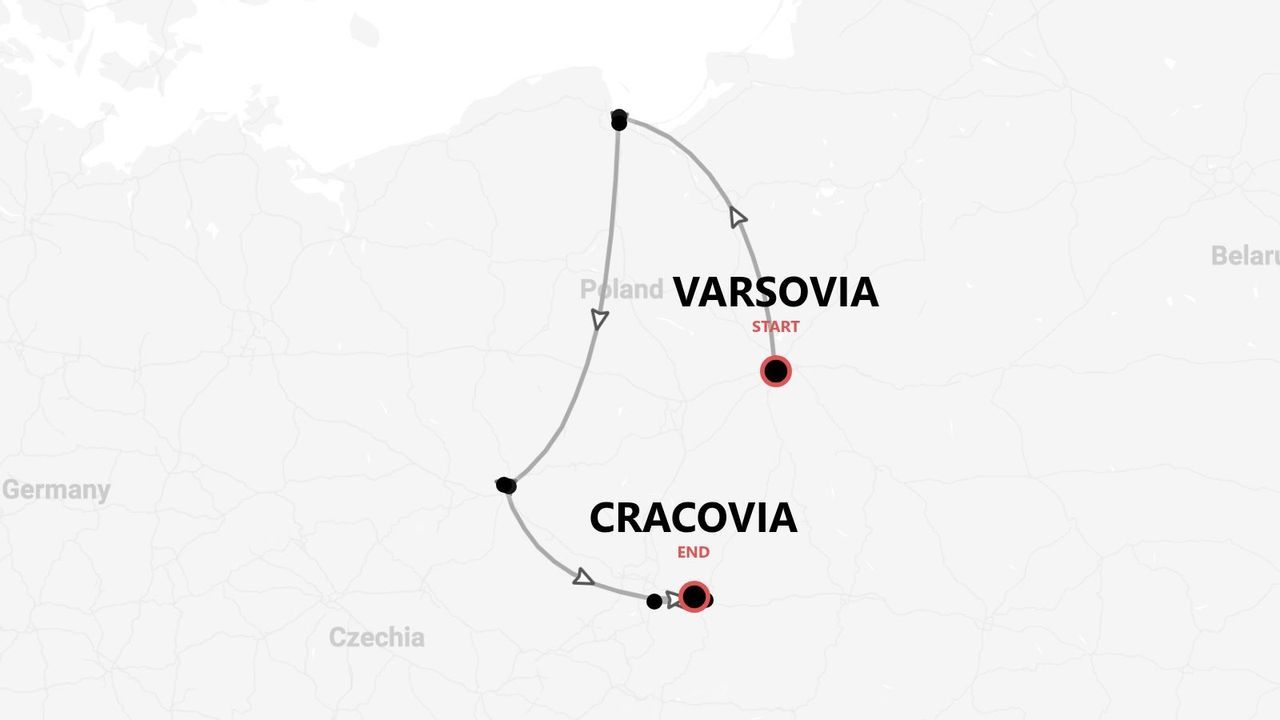 Un mapa de Polonia mostrando un itinerario de viaje con un punto de partida en Varsovia y un punto final en Cracovia.