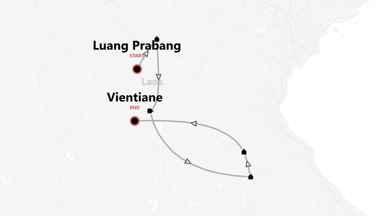 Carte d'un itinéraire de voyage au Laos, de Luang Prabang à Vientiane.