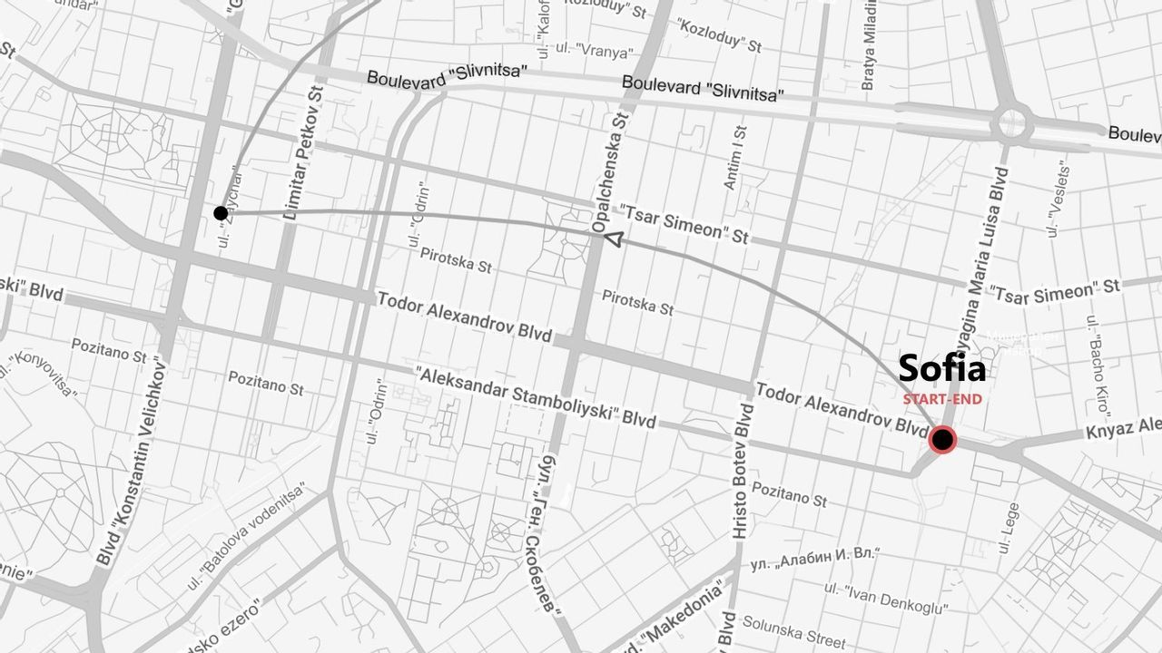 Un mapa callejero en escala de grises de Sofía, Bulgaria, con una ruta marcada por una línea negra y un pin rojo que indica el punto de inicio y fin.
