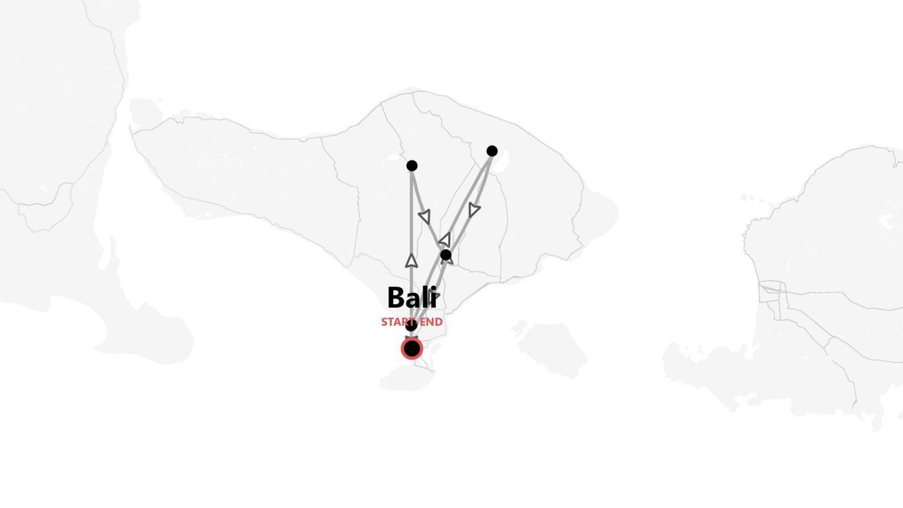 A stylized map of Bali showing a travel itinerary with multiple stops that starts and ends in the south.