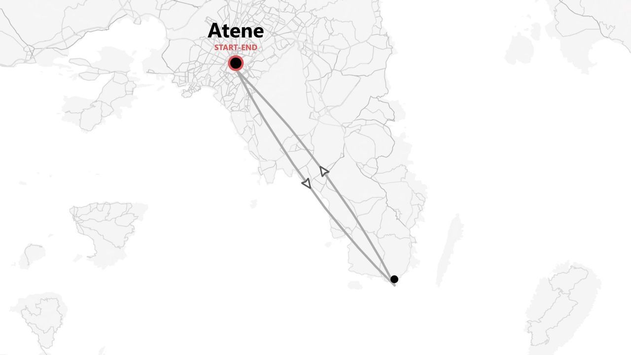 A stylized map showing a round-trip travel itinerary starting and ending in Athens, with the route heading south along the peninsula.