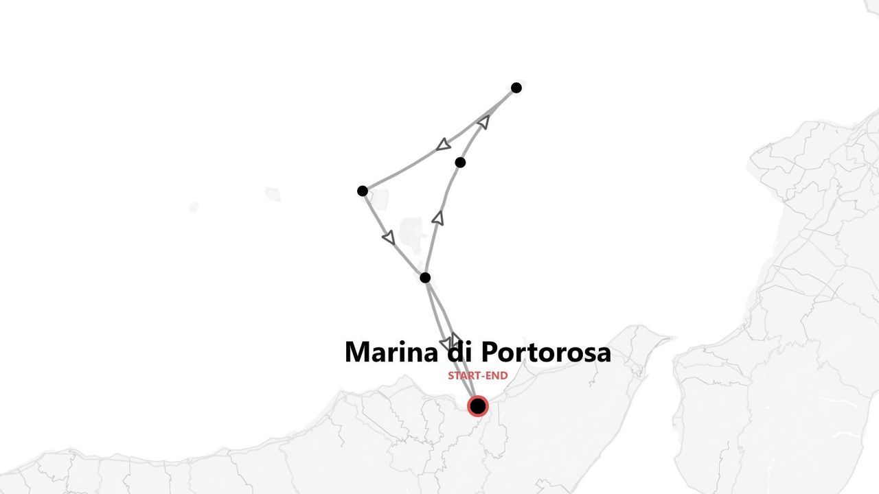 Una mappa schematica che mostra un itinerario in barca con partenza e arrivo a Marina di Portorosa.
