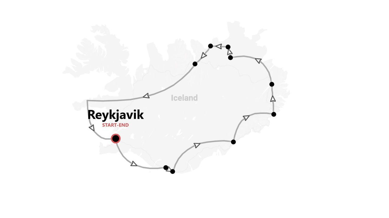 Eine Karte von Island mit einer Rundreise, die in Reykjavík beginnt und endet.