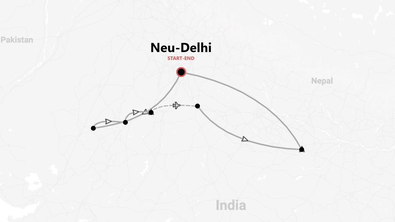 Eine Karte, die eine Reiseroute durch Teile Indiens und Nepals darstellt, mit Neu-Delhi als Start- und Endpunkt.